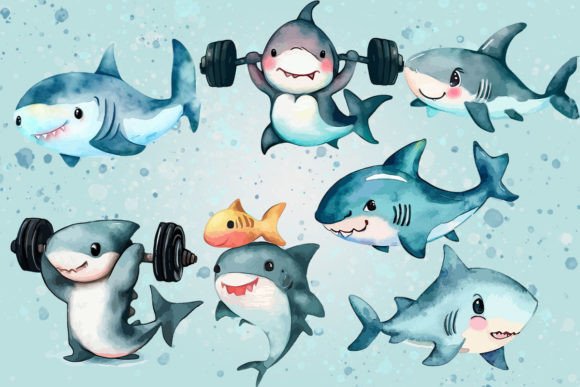 Download Cute Shark Watercolor Clipart - Shark Collection